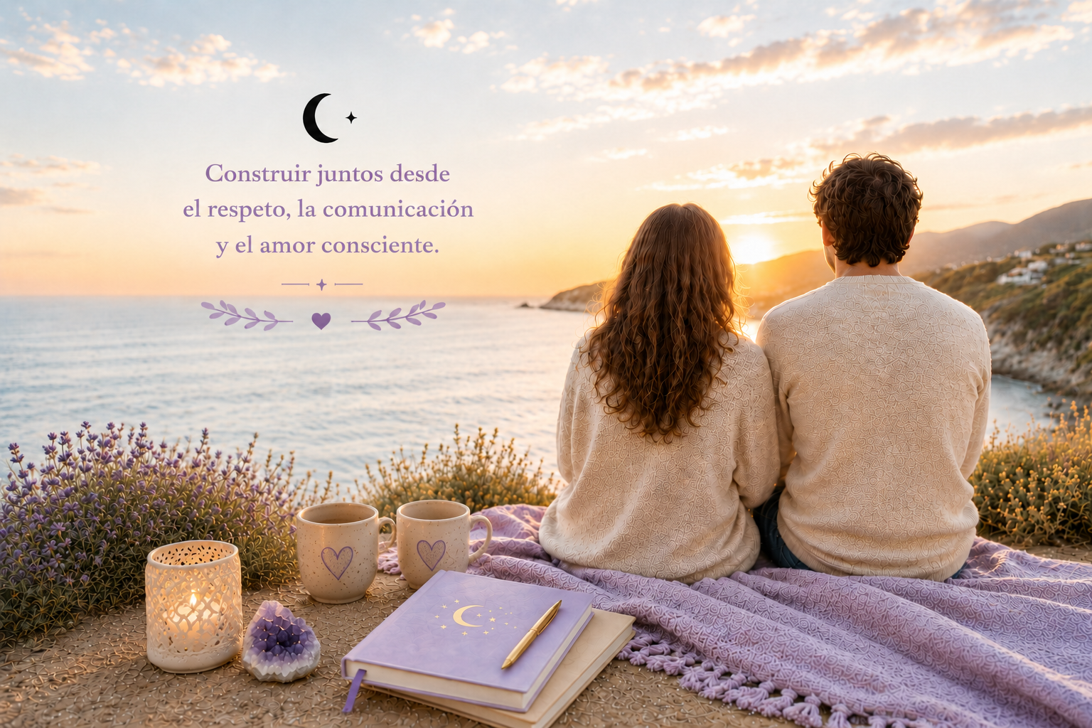 Pareja contemplando el atardecer junto al mar